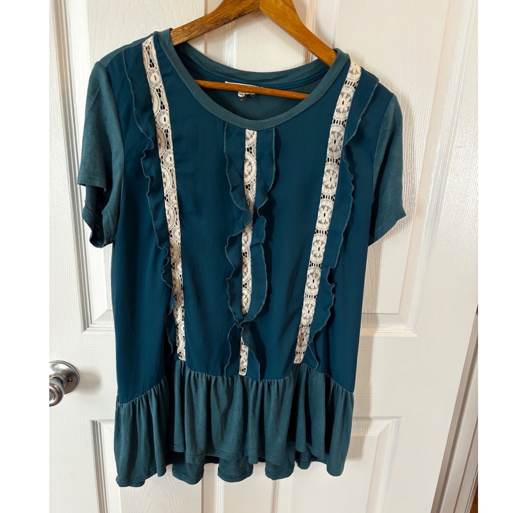 Entro Teal Blue Ruffle Crochet Lace Peplum Top Short Sleeve Womens Medium